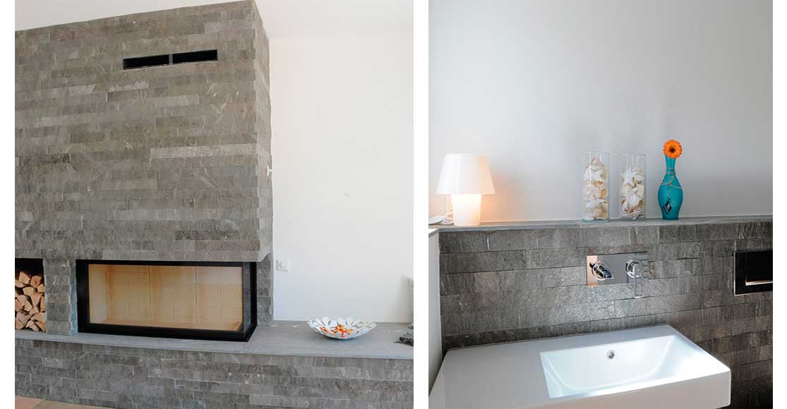 Fotos: links: Chminée aus Granitstein, rechts: Lavabo an Granitsteinmauer